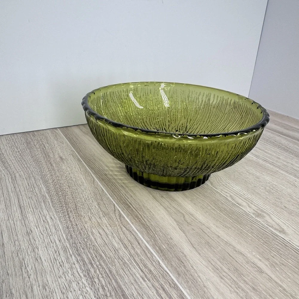 FTD Avocado‎ Green Textured Glass Serving Bowl Ribbed Retro Floral Vase Bowl
